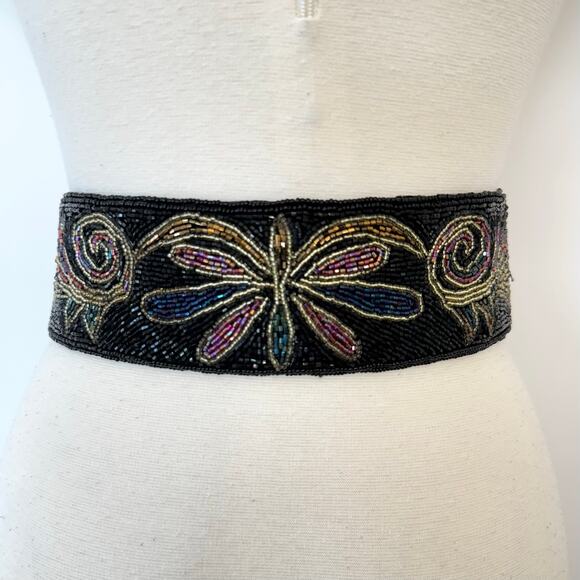 La Regale Handmade Fully Sequin Embellished Belt Satin Black Multi L NWT
